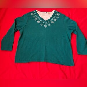 Elegant Teal V-Neck Sweater with Embroidery